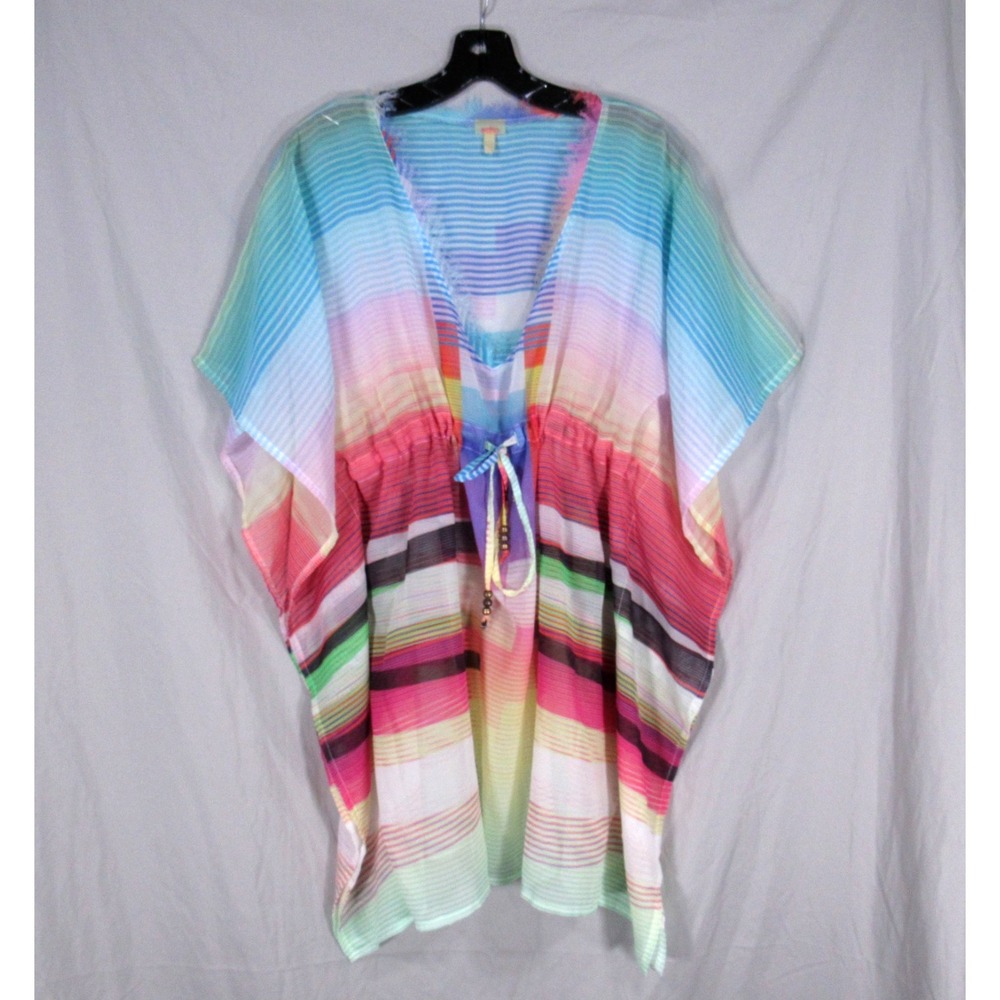 ECHO Multicolor STRIPES V-Neck CHIFFON Fray Trim SWIM KIMONO COVER-UP TUNIC Sz M